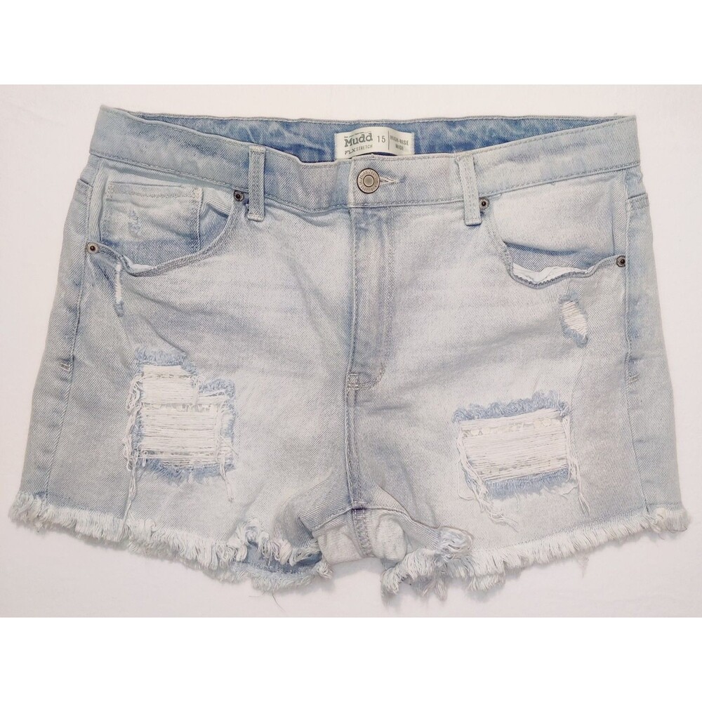 MUDD FLX Stretch High Rise Blue Distressed Cut Soft Denim Shorts Size 15